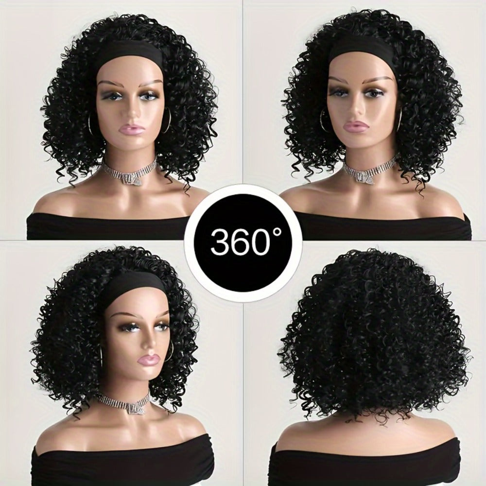 Headband Wig Curly Wavy for Women Black Synthetic Glueless No Lace – Elastic Cap Heat Resistant Beginner Friendly for Daily W
