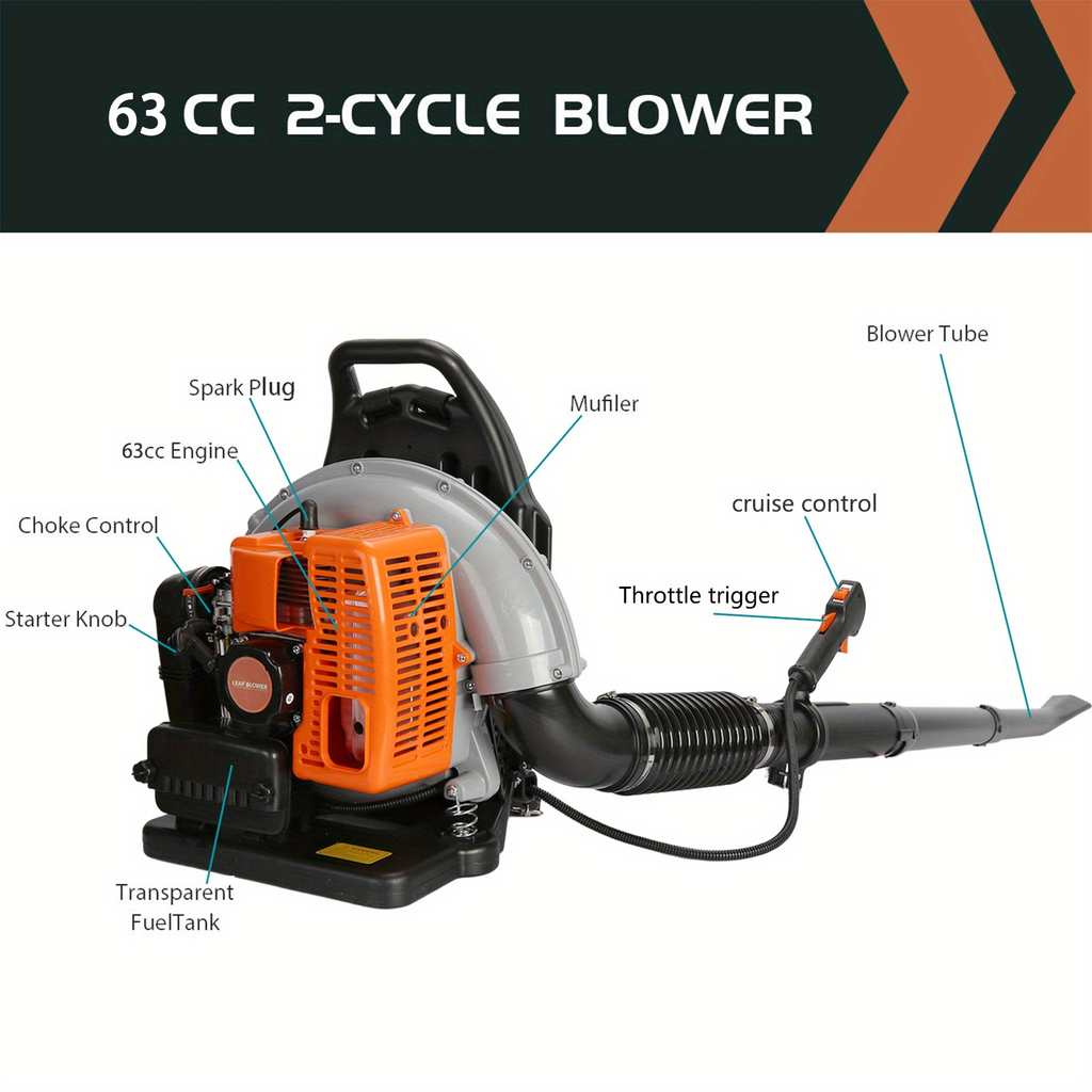 Backpack Gas Leaf Blower in Orange with 2-Stroke Engine Label, Flexible Elbow, Long Tube and Control Handle — image 7