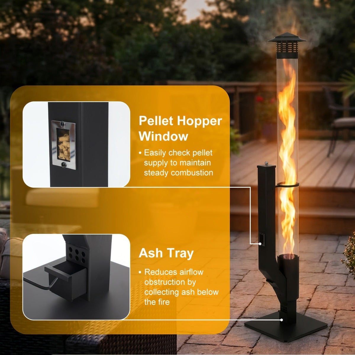 Outdoor Wood Pellet Patio Heater 56 Inch, Smokeless Portable Pellet Stove with Rain Cap, Viewing Window & Ash Tray — image 8