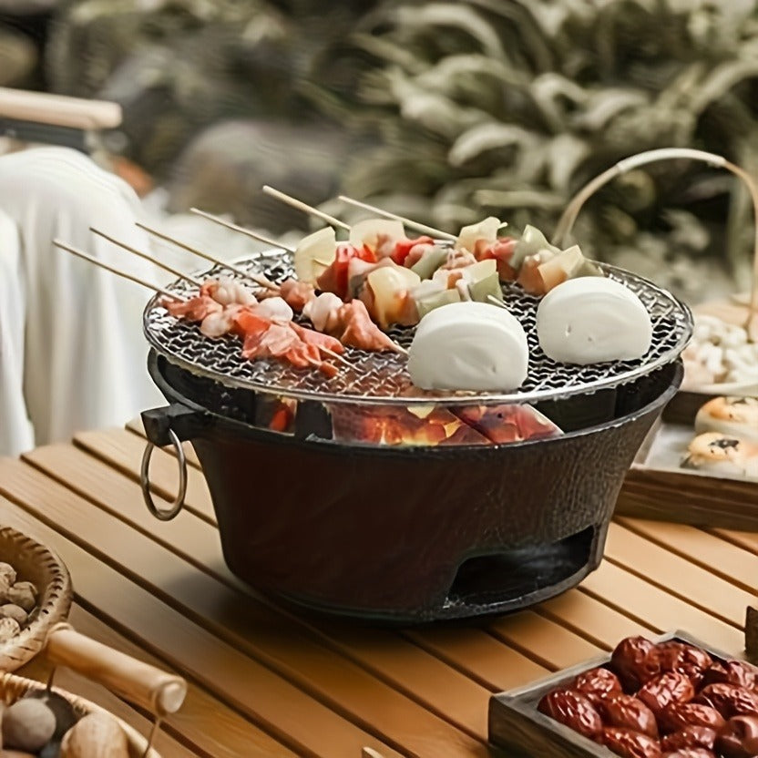 10.6-Inch Round Charcoal Grill Set with Cast-Iron Body, Cooking Grid, Wooden Base and Tongs — image 8