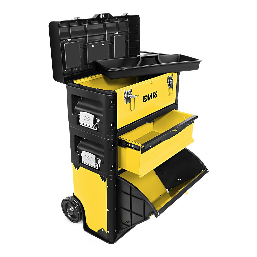 Rolling Tool Box 3-Tier Stackable Portable Toolbox with Wheels 19.5x12x28.5 Inch Steel PP 3-in-1 Detachable Compartments Meta