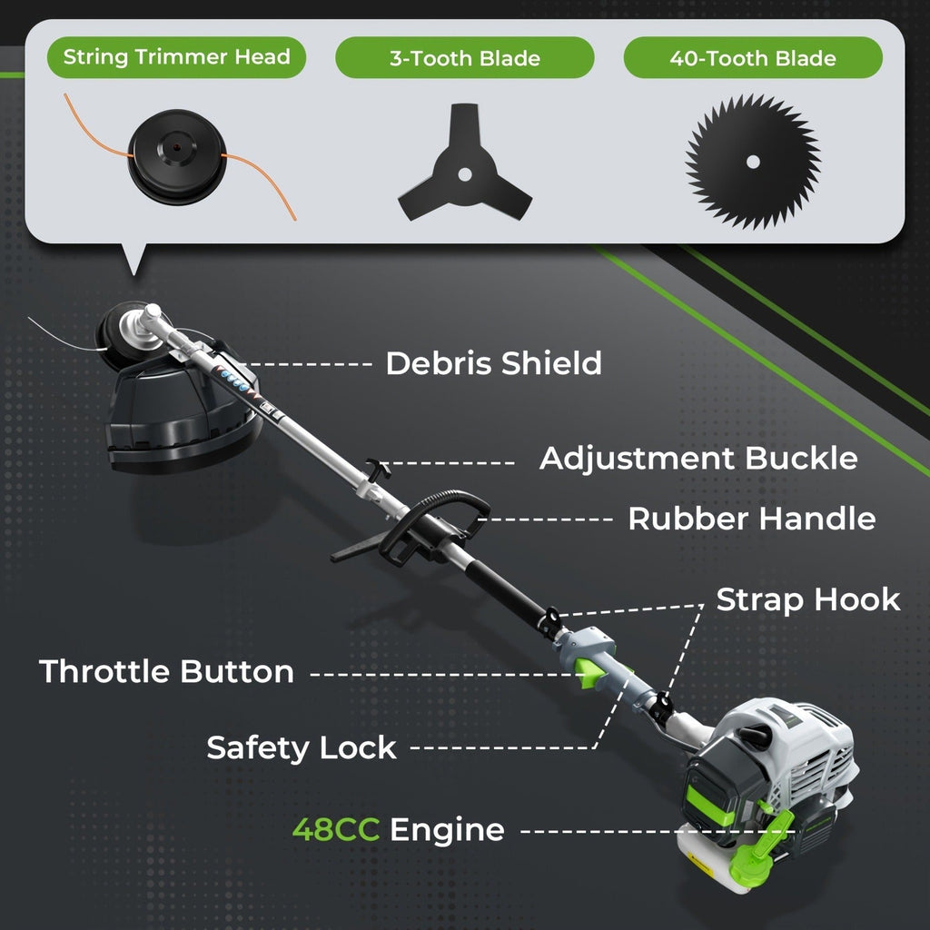 Gas String Trimmer 3-in-1, 36CC/48CC/52CC 2-Stroke Brush Cutter & Weed Wacker with String Head, 3T Blade & 40T Circular Blade