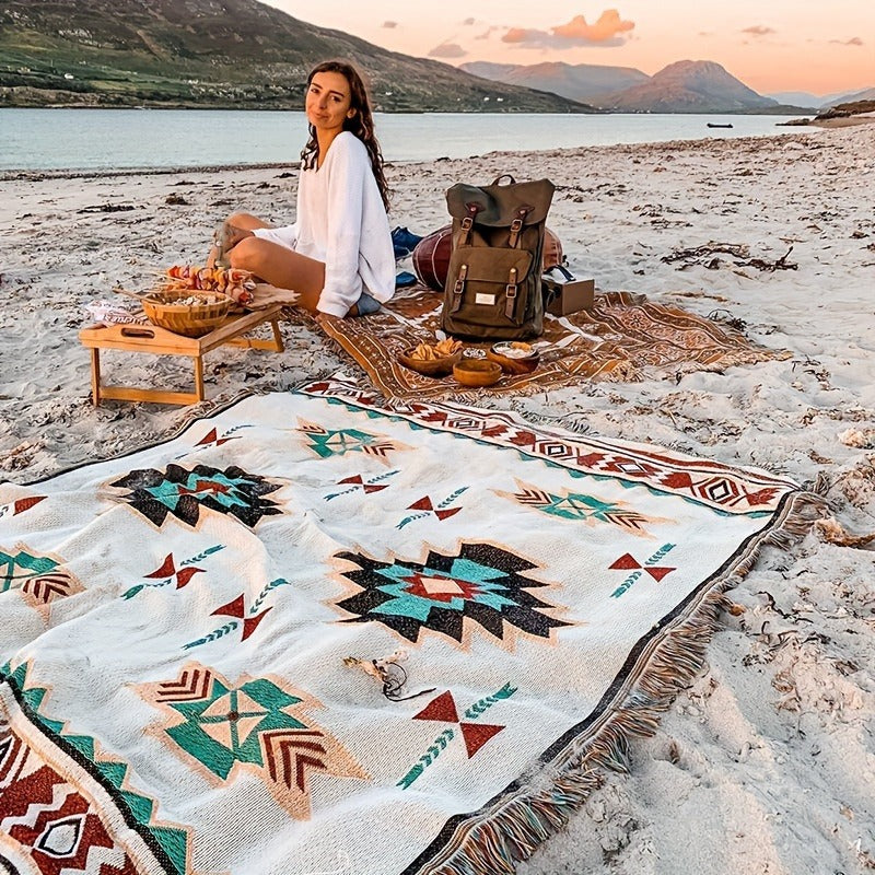 Woven Picnic Blanket with Cream Geometric Bohemian Pattern and 35.43 x 70.86 or 51.18 x 70.86-Inch Sizes — image 9