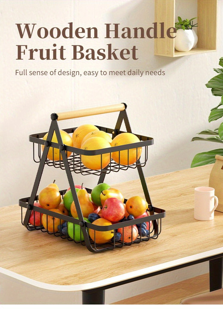Two-Tier Black Wire Fruit Basket with Wood-Look Carry Handle and 12.2-Inch Countertop Frame — image 8