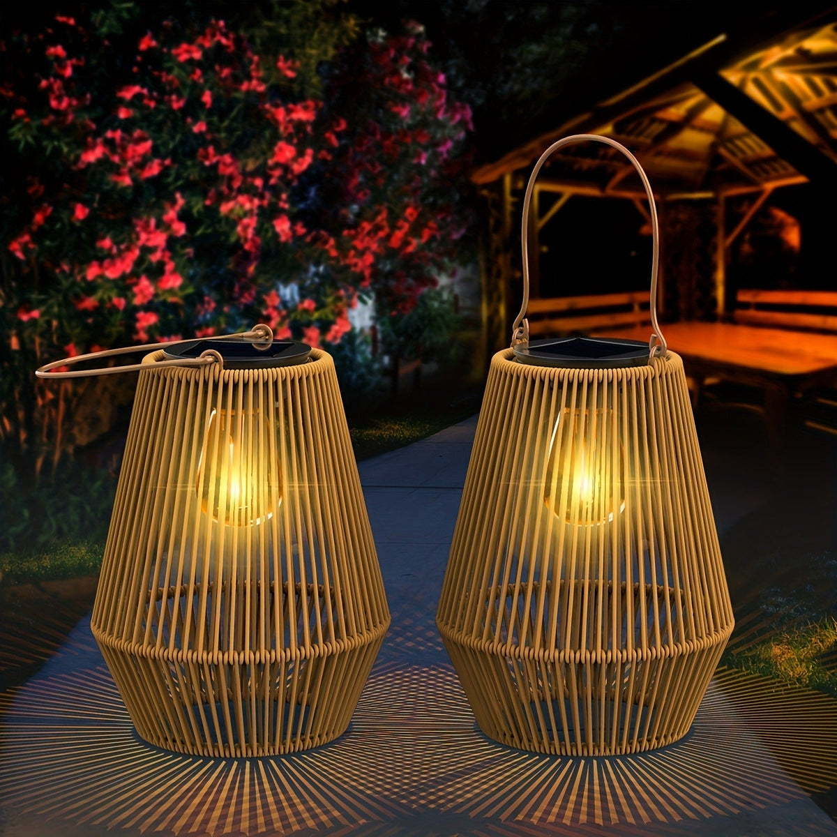 Solar Outdoor Lights Bohemian Bamboo Hanging Lanterns, Warm White, 1/2/4 Piece Sets for Patio Decor — image 15
