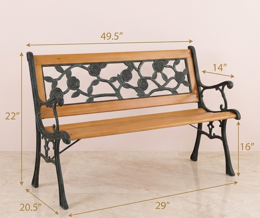 Cast Iron & Wood Outdoor Garden Bench with Ornate Backrest