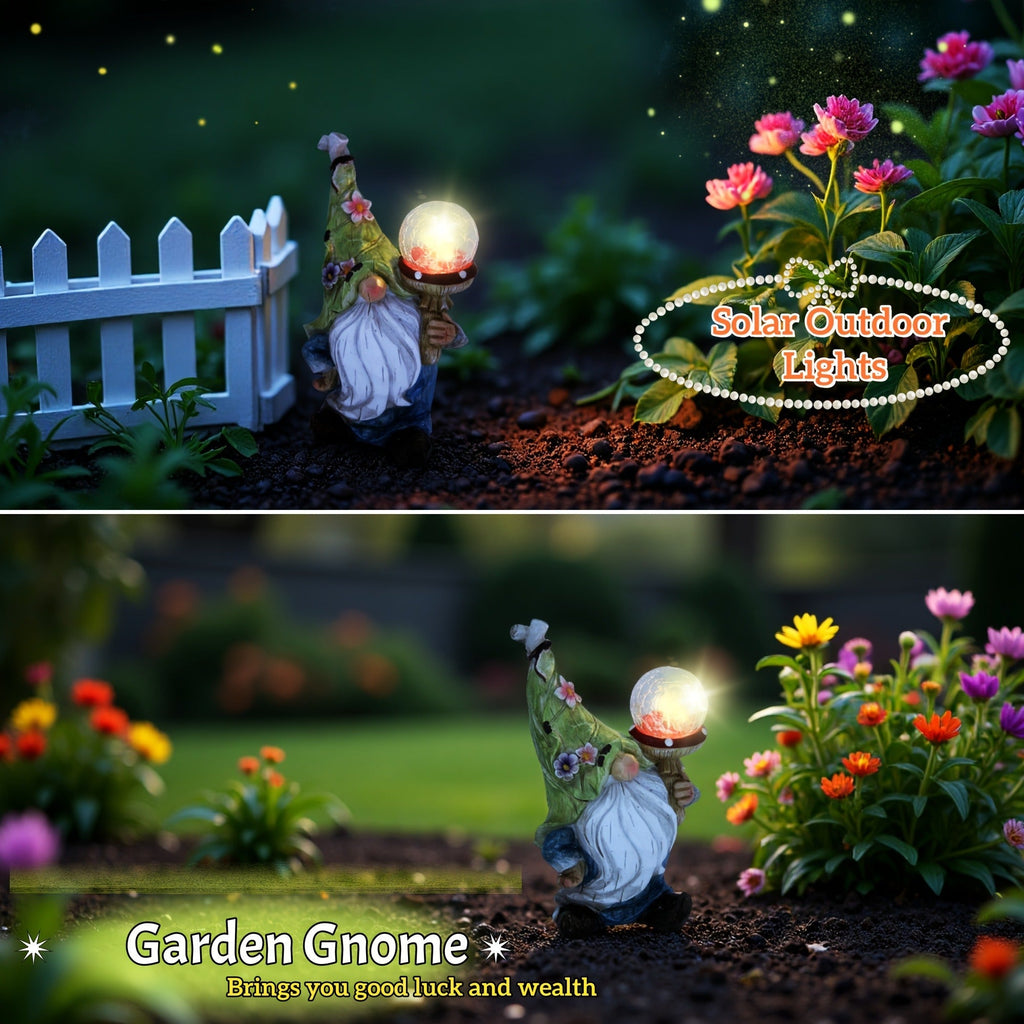 Solar Garden Gnome Statue with LED Magical Ball Light Outdoor Resin Dwarf Sculpture IP44 Waterproof Spring Yard Patio Decor H