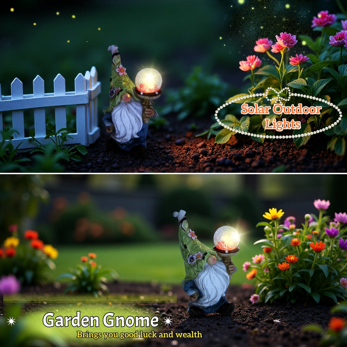 Solar Garden Gnome Statue with LED Magical Ball Light Outdoor Resin Dwarf Sculpture IP44 Waterproof Spring Yard Patio Decor H