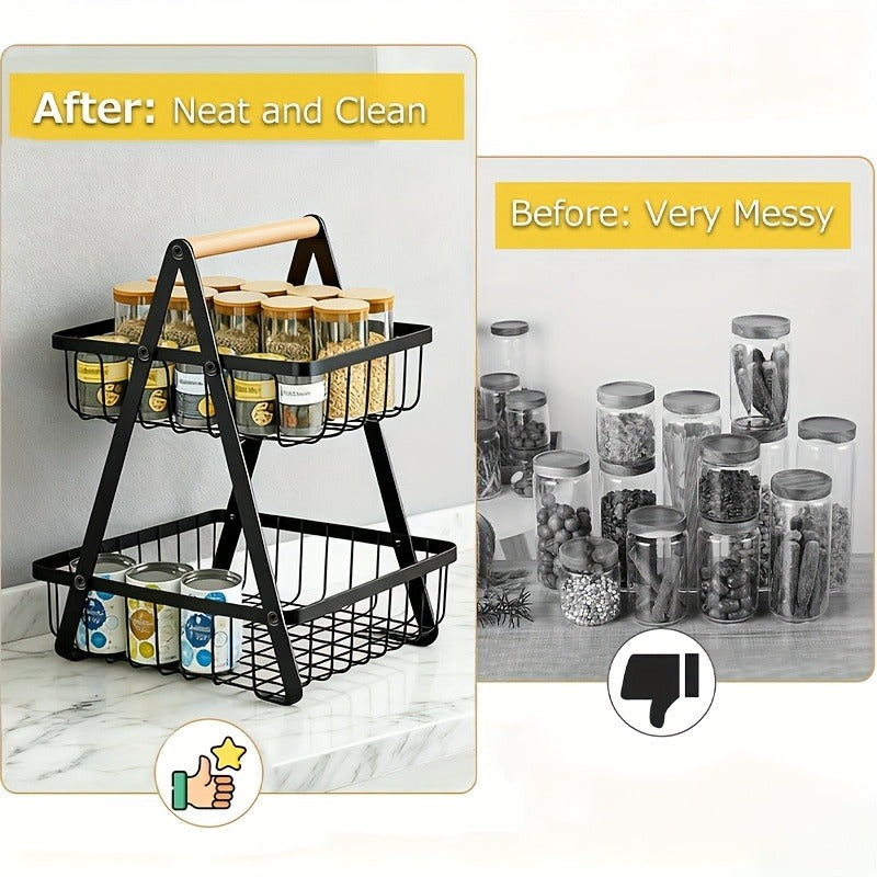 Fruit Basket Kitchen Organizer 2 or 3 Tier Metal Stand with Removable Wooden Handles for Countertop — image 9