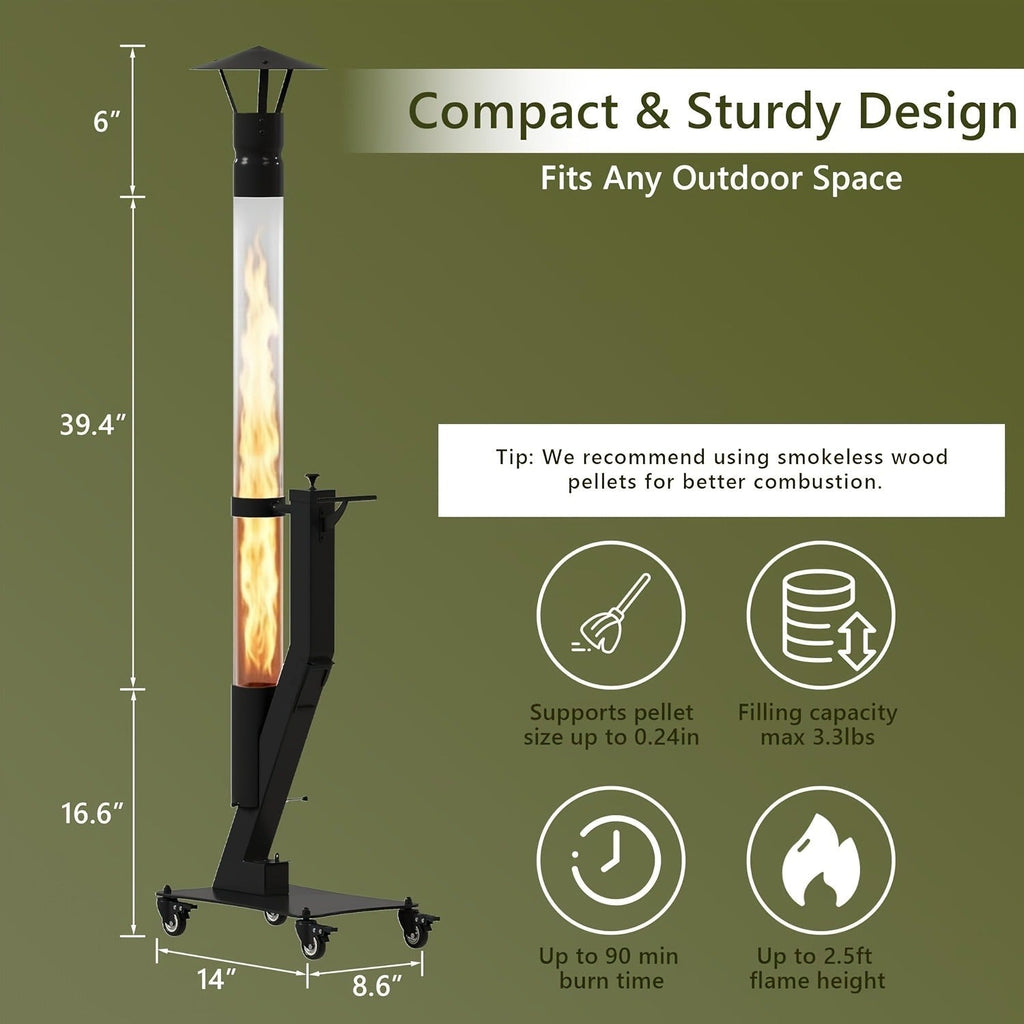 Wood Pellet Patio Heater Portable Gravity Feed Rocket Stove with Glass Tube Flame, Smokeless Non-Electric Outdoor Fire Pit fo