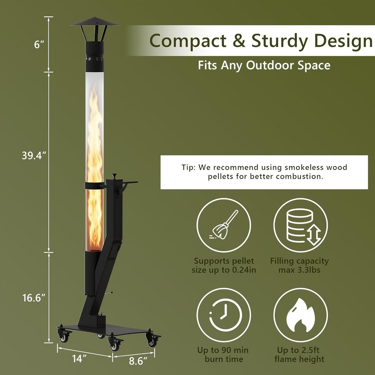 Wood Pellet Patio Heater Portable Gravity Feed Rocket Stove with Glass Tube Flame, Smokeless Non-Electric Outdoor Fire Pit fo