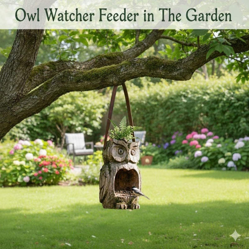 Bird Feeder Hanging Outdoor Rustic Wood Owl-Shaped Plant Pot for Patio Lawn Garden Decor – Open Design Decorative Planter for