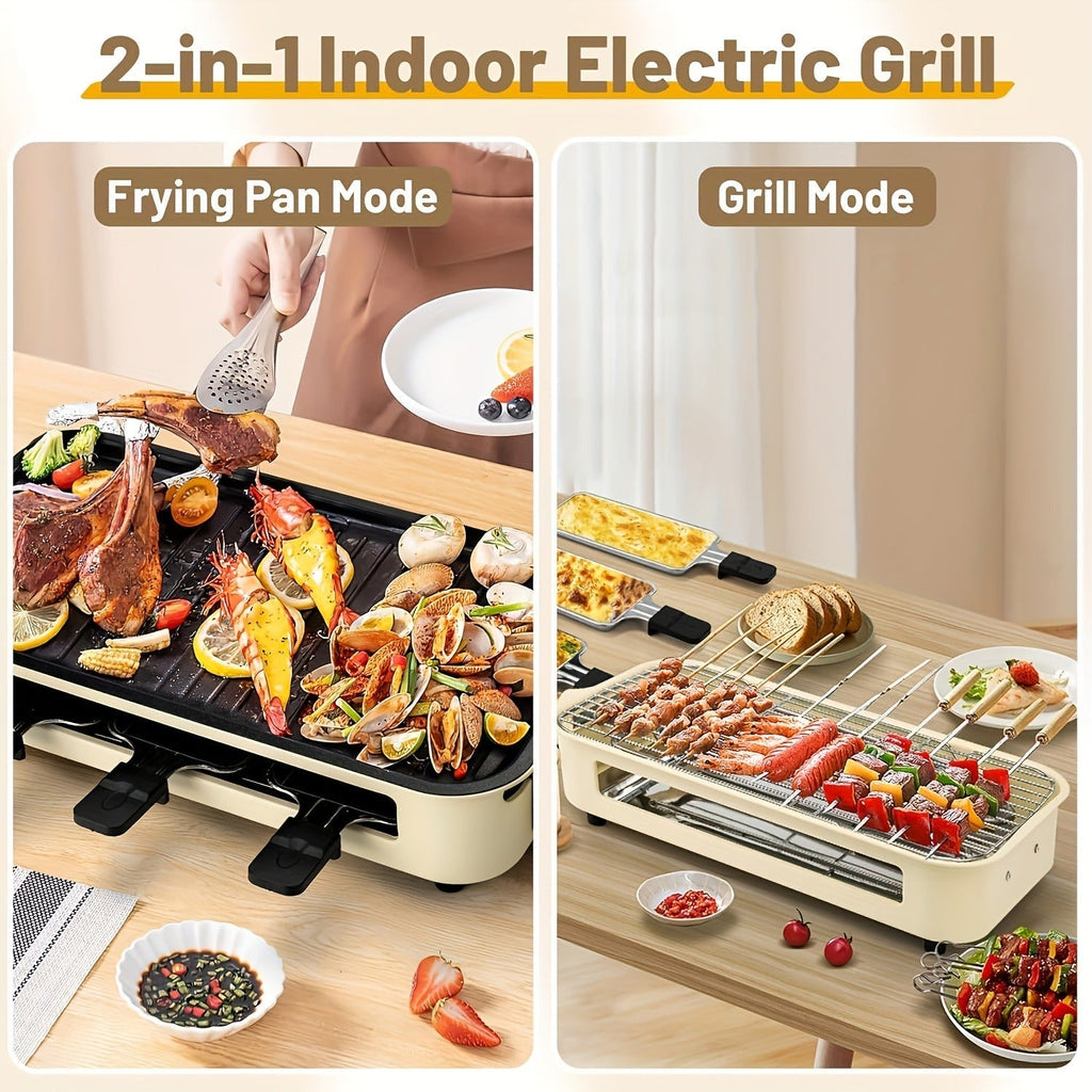 Indoor Smokeless Electric Grill 1500W Non-Stick Raclette Table Grill with Removable Plate & 3 Mini Pans Compact BBQ Griddle —