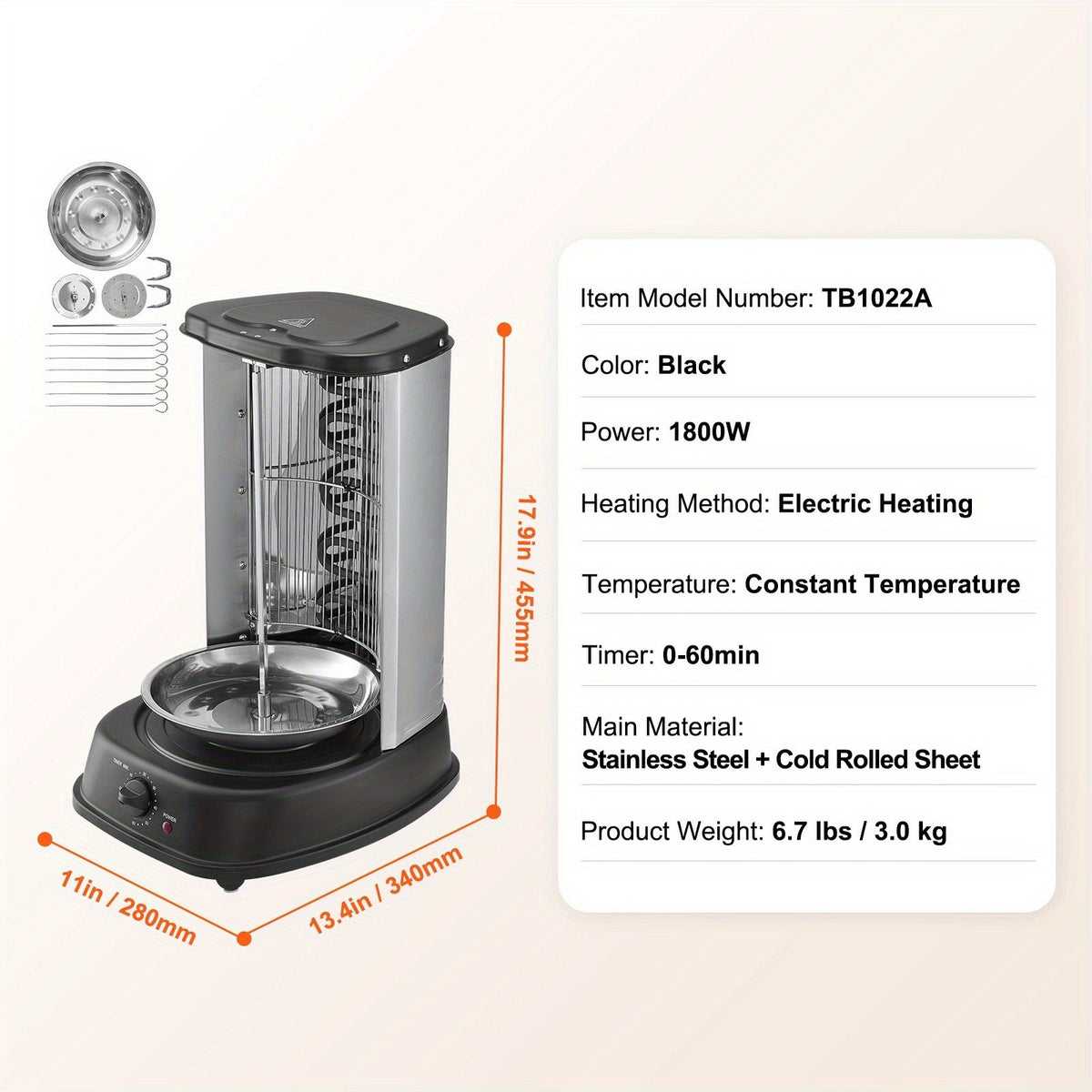 Vertical Shawarma Grill Machine, Electric Gyro Rotisserie Oven with Countertop Broiler for Home Cooking, Dining and Outdoor M