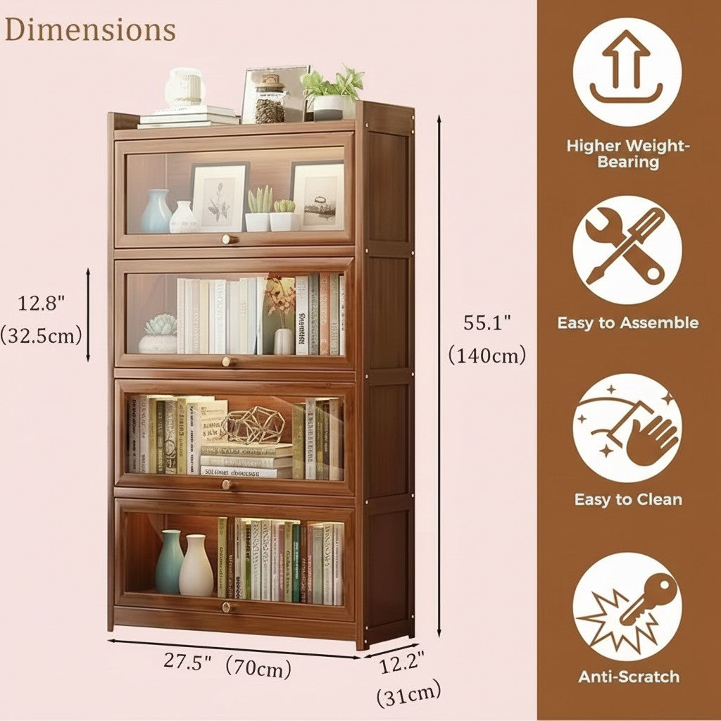 Tall Bamboo Bookshelf with Acrylic Doors, 4 Tier Storage Cabinet