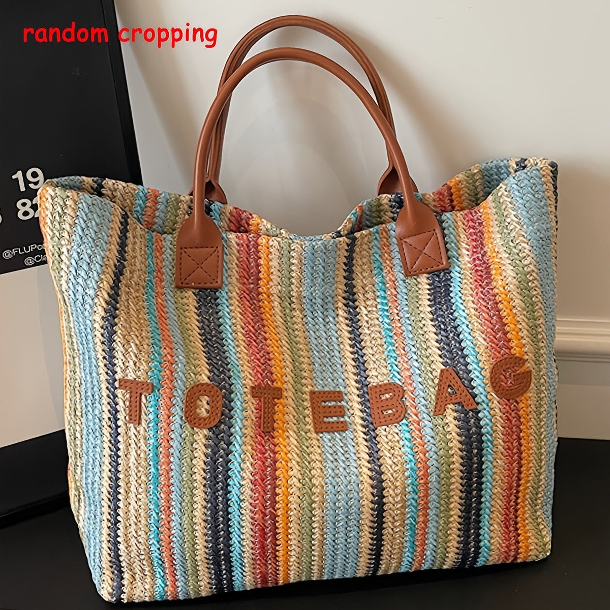 Straw Tote Bag for Women Large Capacity Bohemian Hand-Woven Striped Beach Bag Summer Vacation Shoulder Bag Colorful Letter Pa