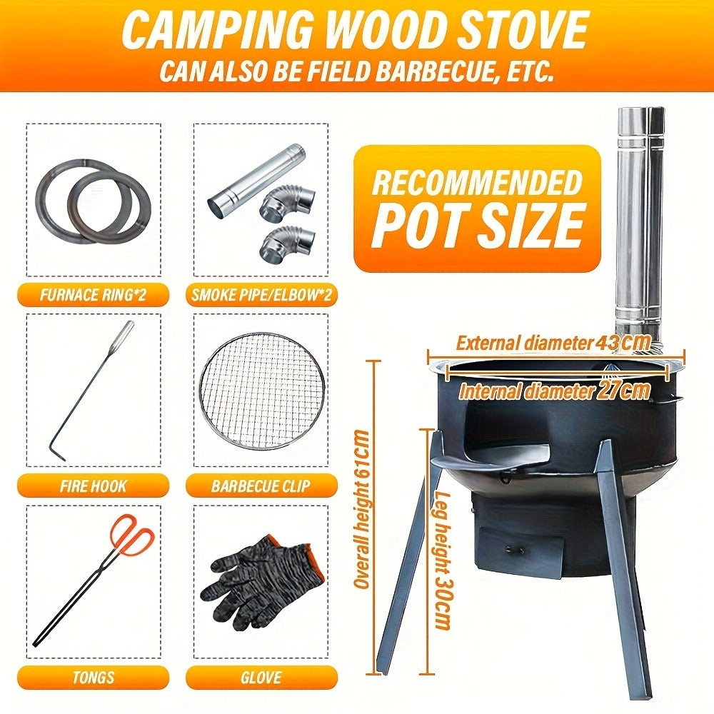 Round Wood-Burning Camp Stove Set with Chimney Pipe, Tripod Legs and 13.78- or 16.93-Inch Diameter Options — image 9