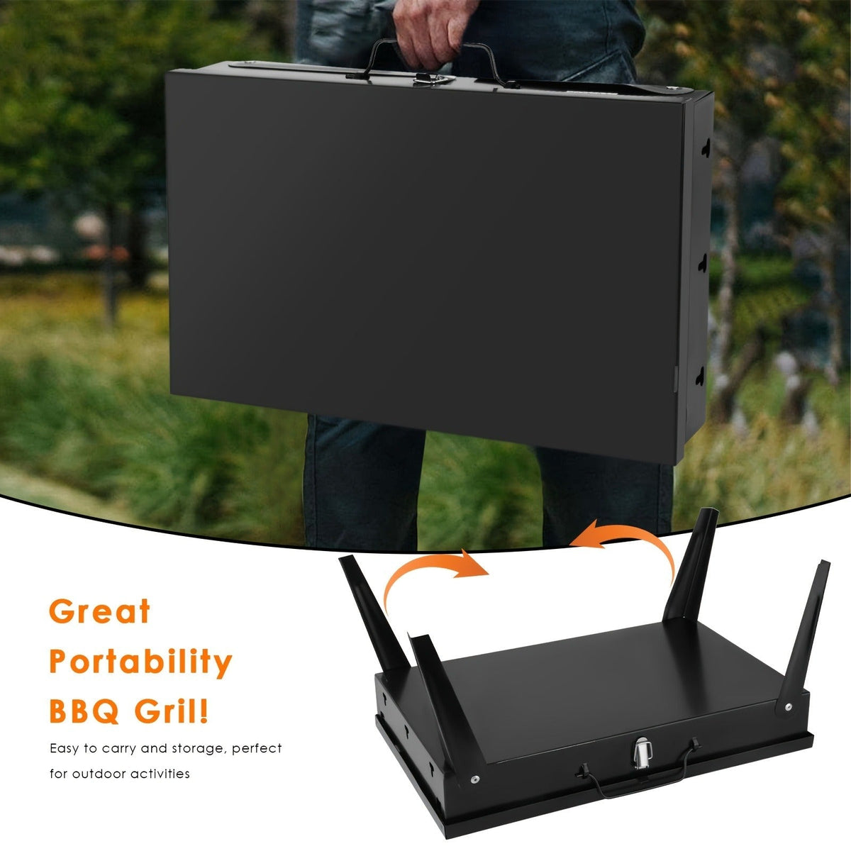 Charcoal Grill Portable BBQ with Hood – Foldable Compact Outdoor Barbecue Grill for Camping Tailgating Picnic Backyard Cookou