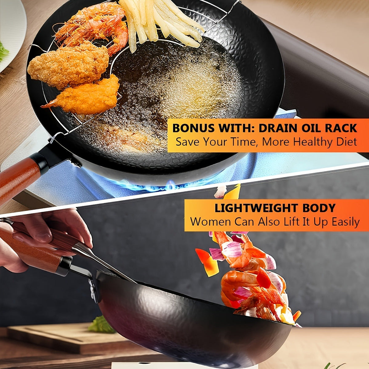 Wok Set Cast Iron 12.6 Inch Nonstick with 13 Accessories, Natural Nonstick No Chemical Coating Stir Fry Pan with Lid & Detach