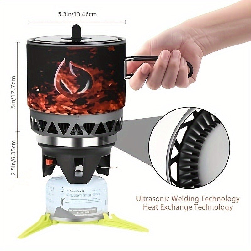 Backpacking Stove Cooking System with Pot Piezo Ignition 1KW Isobutane Burner 1.2L Pot Brackets Included for Garden, Patio an