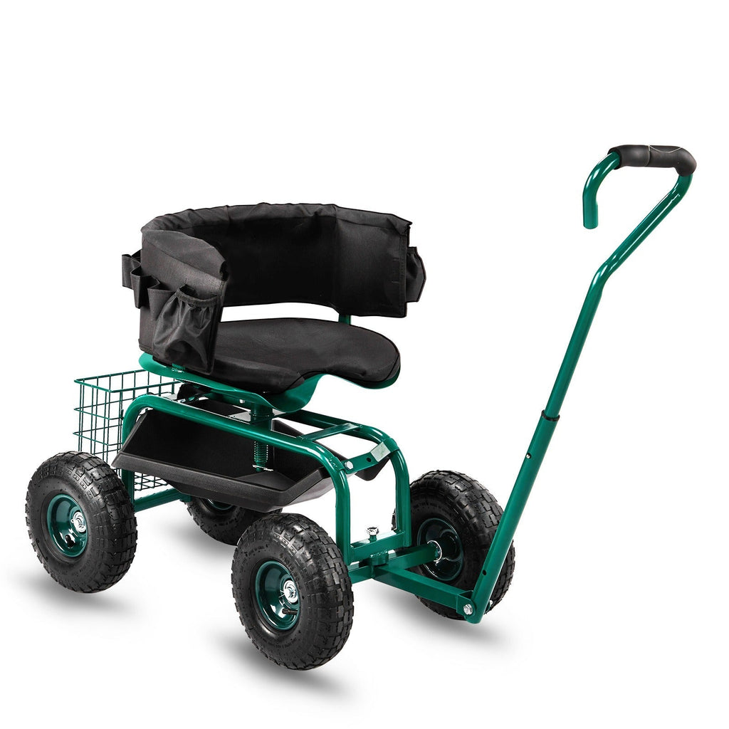 Rolling Garden Seat Cart, Backrest, Cushion, Telescopic Handle & Storage Basket, Steel Frame — image 9