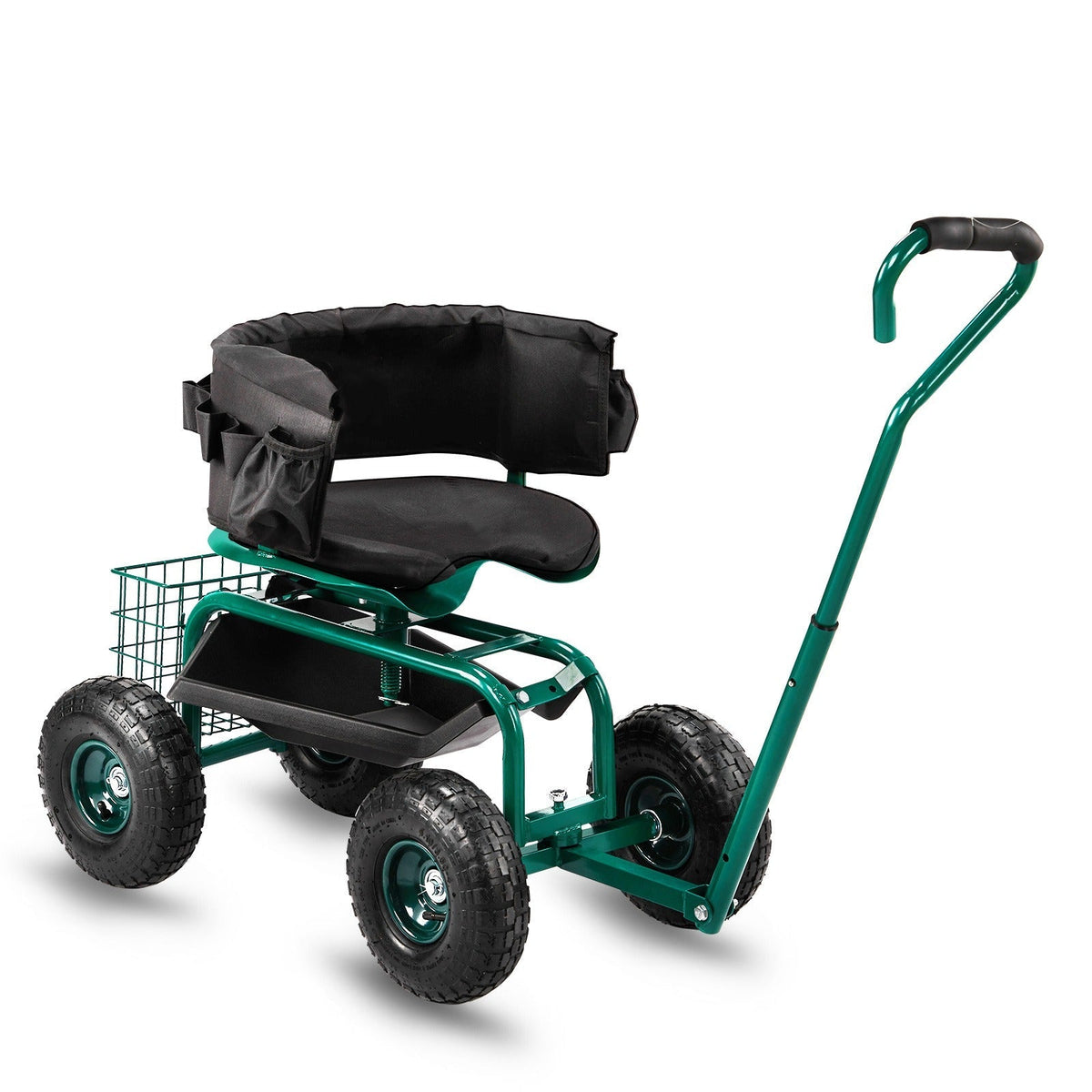 Rolling Garden Seat Cart, Backrest, Cushion, Telescopic Handle & Storage Basket, Steel Frame — image 9