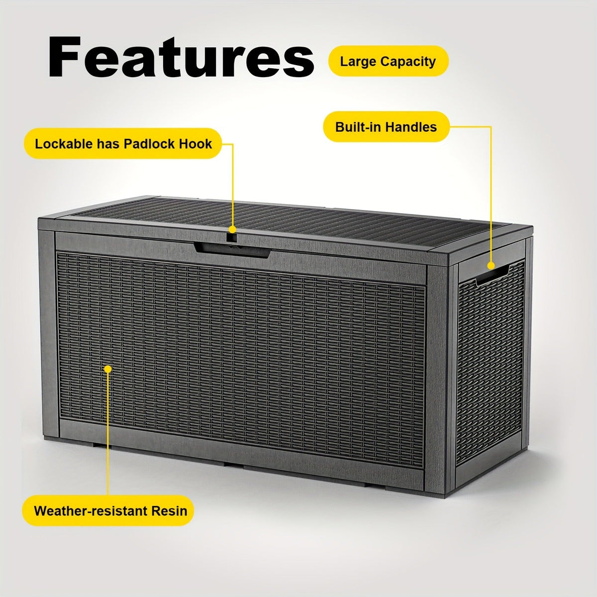 100-Gallon Rattan-Style Outdoor Deck Box with Lockable Lid, Lift Supports and Black Finish — image 7
