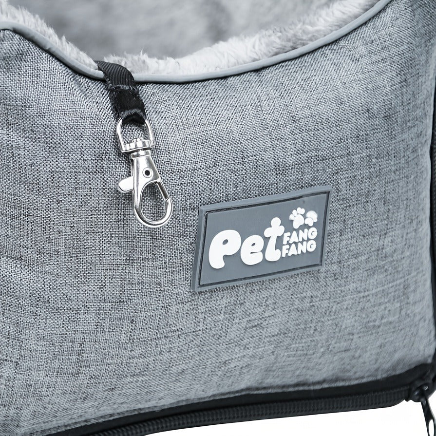 Open-Top Pet Carrier Car Seat Tote with Padded Rim, Attachment Straps, Interior Clip and Grey Fabric Exterior — image 2