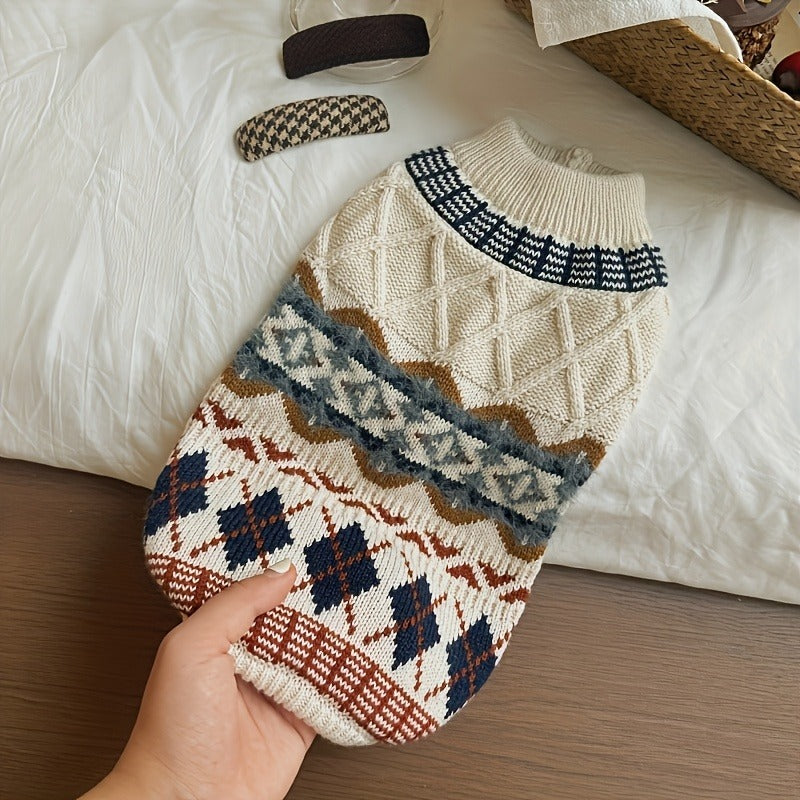 Cable-Knit Dog Turtleneck Sweater with Fair Isle Pattern, Beige or Blue and Five XS–XL Sizes — image 4