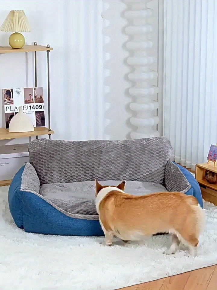 Blue-Gray Dog Bed Couch with Raised Back and Side Bolsters in Four Sizes, Plus One Random Cat Teaser — image 20