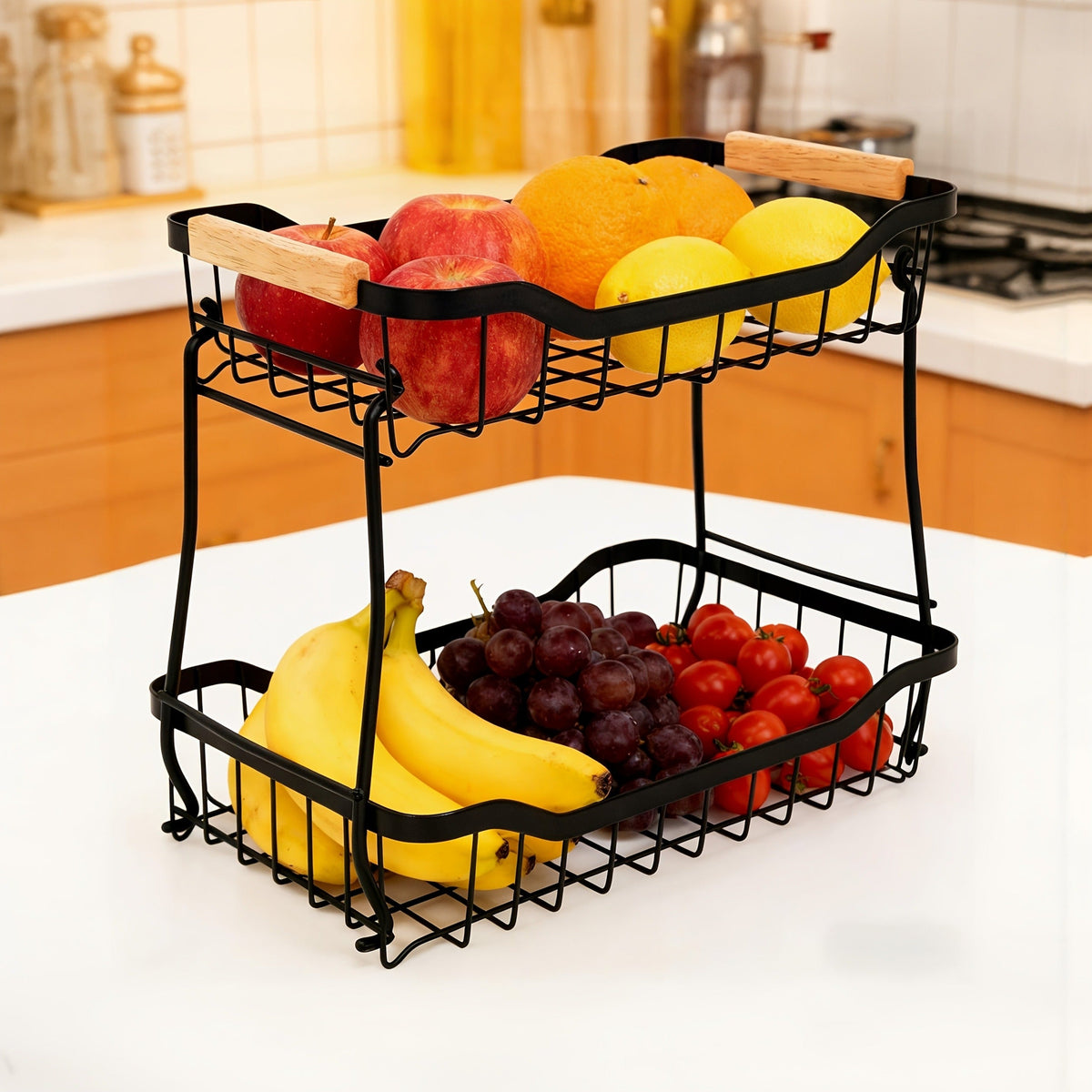 Tiered Fruit Basket Kitchen Organizer with Banana Hook, Removable 2 or 3 Metal Baskets and Wood Handle — image 9