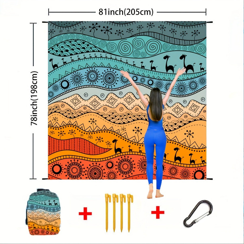 205 x 198cm Picnic Blanket with Orange, Aqua and Black Bohemian Animal Print and Matching Zip Carry Bag — image 8