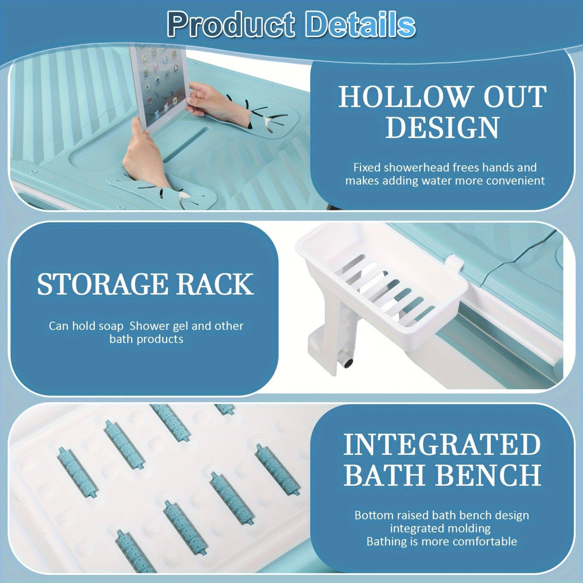 Rectangular Collapsible Adult Soaking Tub in Blue with Rigid Folding Frame, Thermal Cover and Drain Hose — image 8