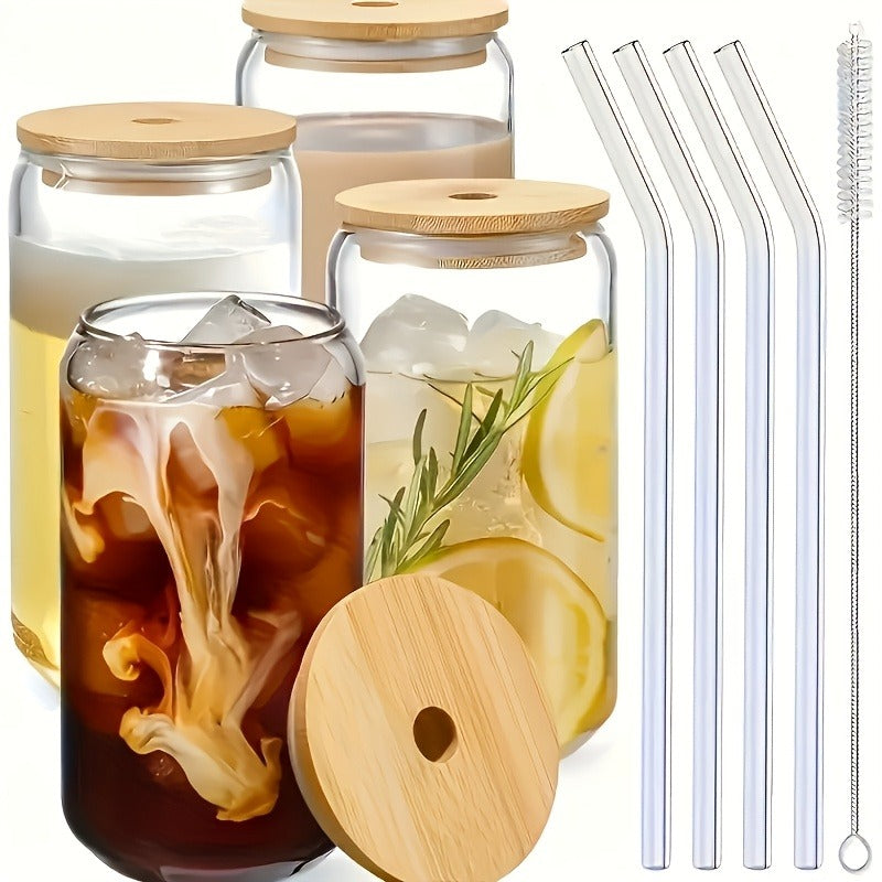 Drinking Glasses Set with Lid and Straw 550ml Oval Glass Cups 4 or 6 Piece, for Home Cooking, Dining and Outdoor Meals — imag