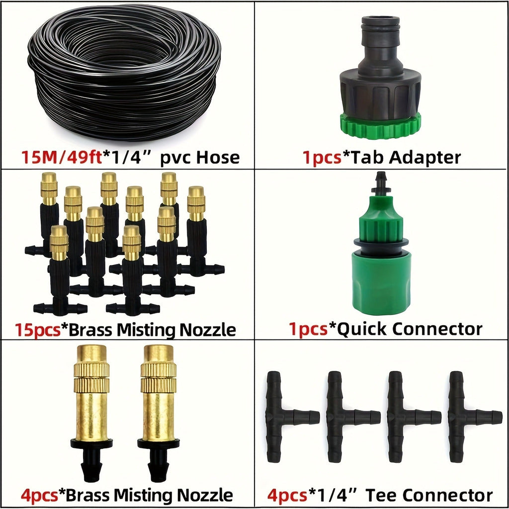 Outdoor Misting Cooling System 15m – 1/4" Brass Nozzles, 4/7mm Hose, Patio Garden Greenhouse — image 8
