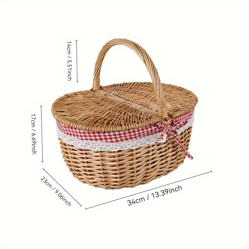 Willow Picnic Hamper Basket with Hinged Lid, Carry Handle and Red Checkered Textile Lining — image 8