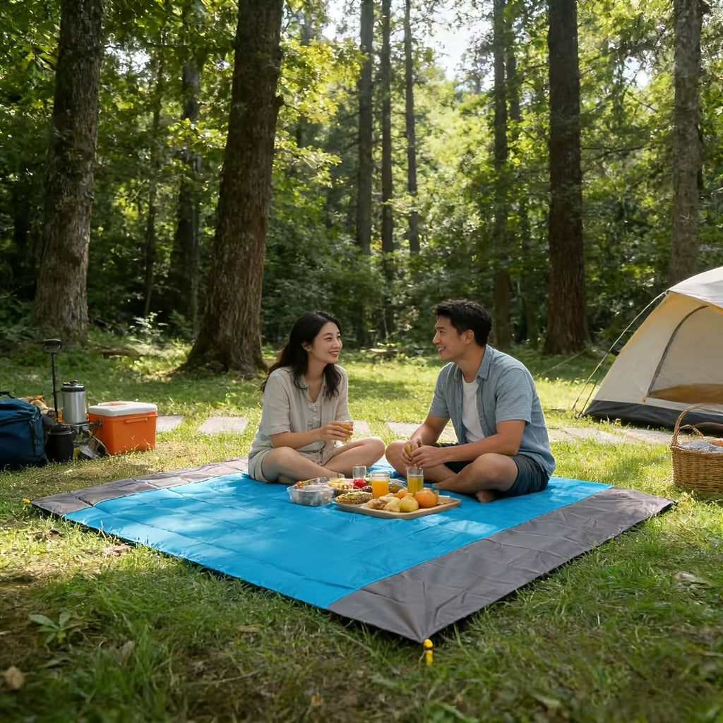 210 x 200cm Picnic Mat with Blue Center Panel, Grey Border, Drawstring Carry Pouch and Ground Stakes — image 8