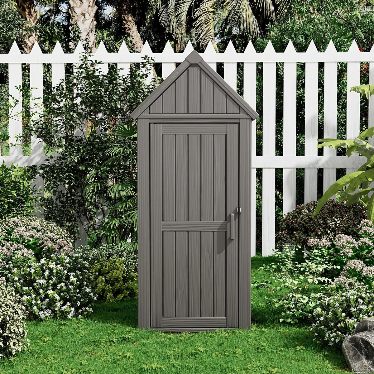 Tall Resin Outdoor Storage Shed with Sloped Roof, Lock-Ready Door and Interior Hooks in Black or Brown — image 8