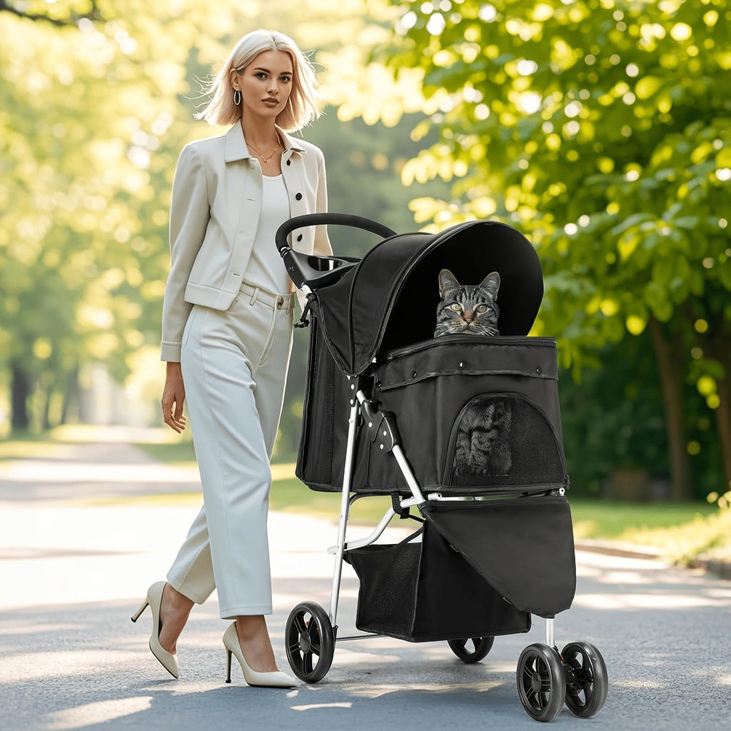 Black Three-Wheel Pet Stroller with Mesh Cabin, Front Cover, Cup Tray and Lower Storage Basket — image 15