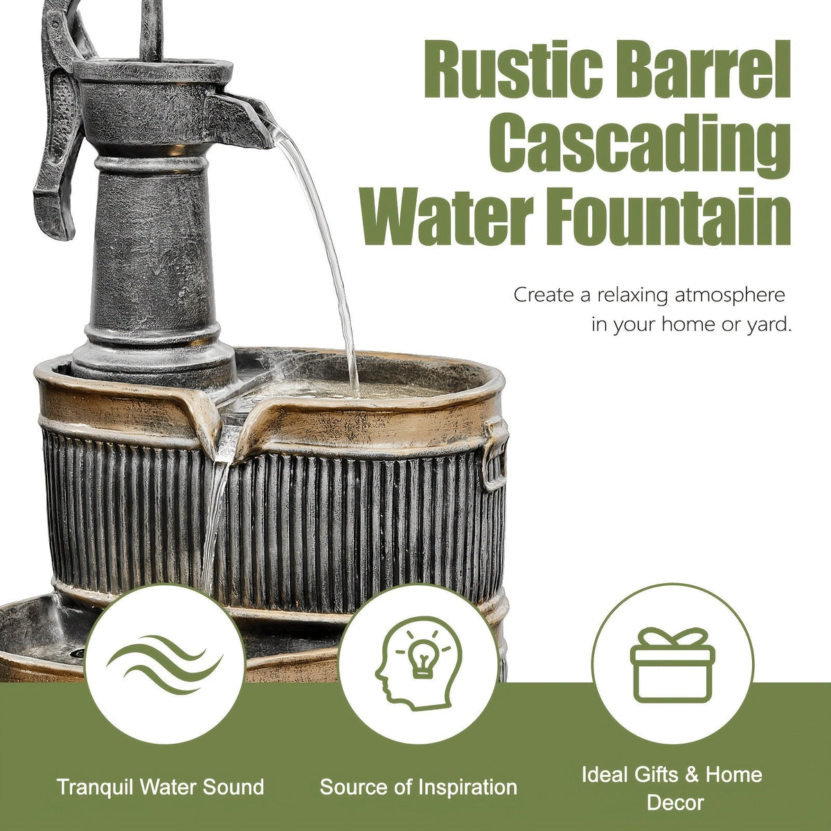 Outdoor Water Fountain 2-Tier Barrel with LED Light & Pump - Rustic Resin Garden Fountain for Patio — image 7