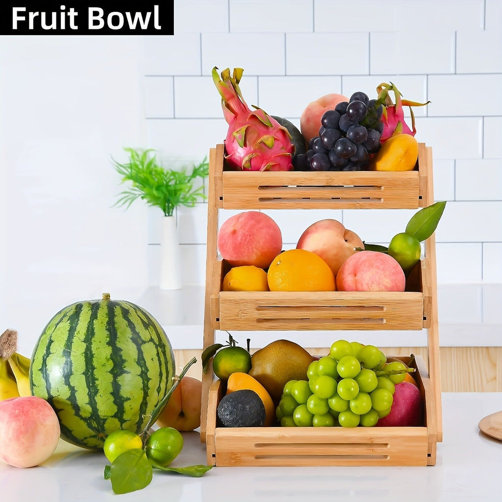 Fruit Basket Stand 2 & 3 Tier Wooden Countertop Organizer Large Capacity Kitchen Storage for Fruits Vegetables Bread Produce 