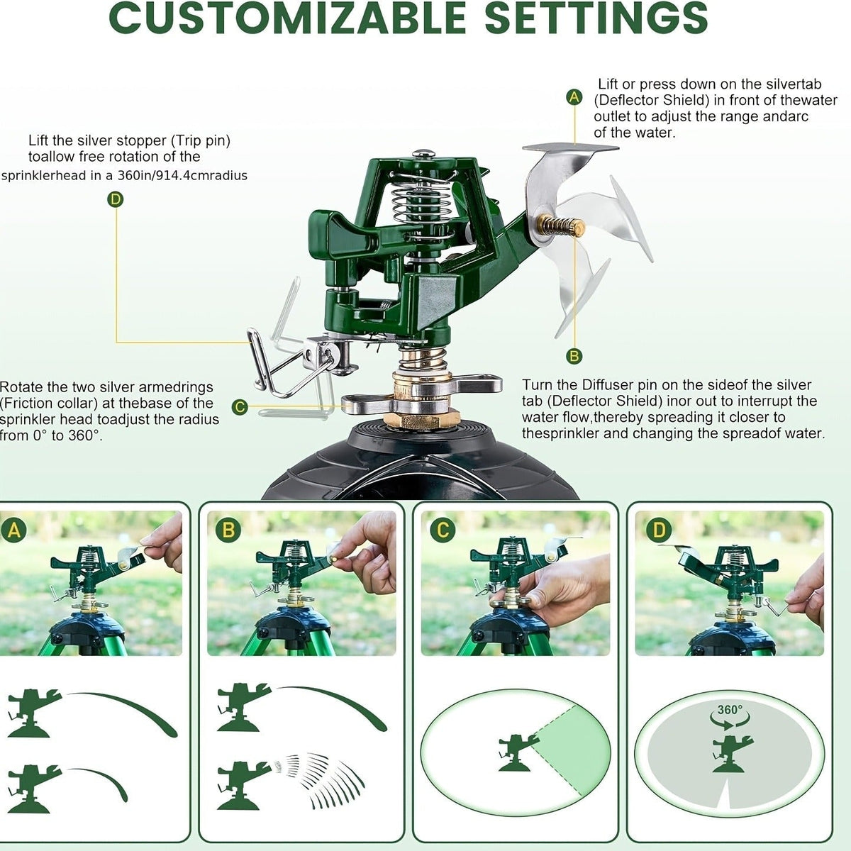 Impact Sprinkler Tripod 360° Zinc Head Lawn Yard Irrigation Flip Lock, for Garden, Lawn and Yard Watering — image 7