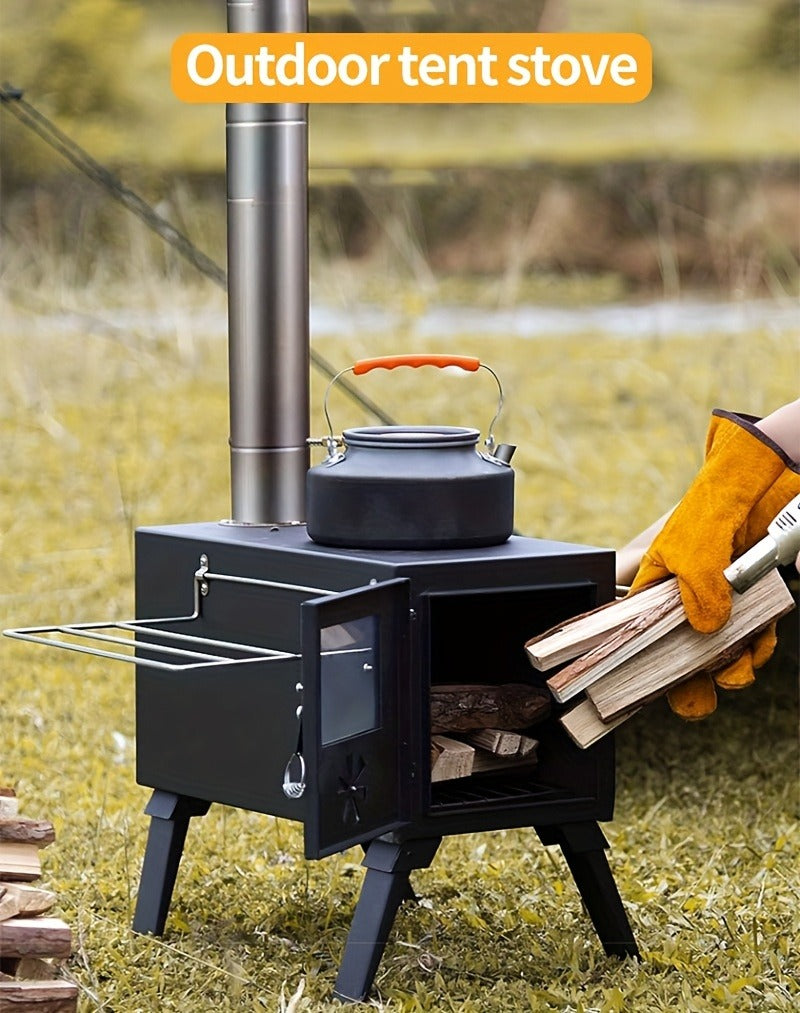 Portable Wood Stove with Chimney Pipe Set, Folding Legs, Side Shelves and Silver or Black Finish Options — image 9