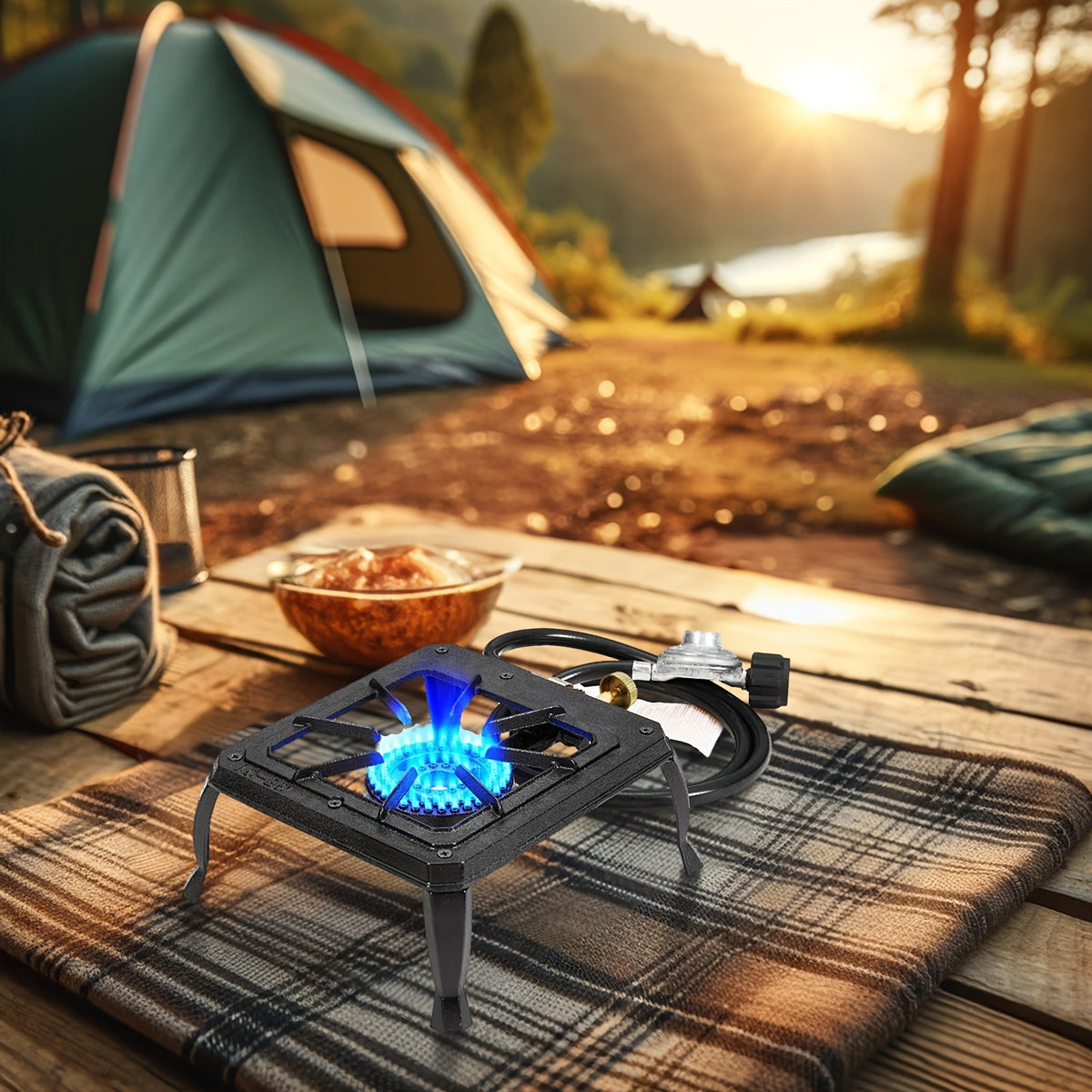 Propane Camping Stove High BTU Outdoor Gas Cooker Single or Double Burner CSA Listed Regulator Hose for Garden, Patio and Yar