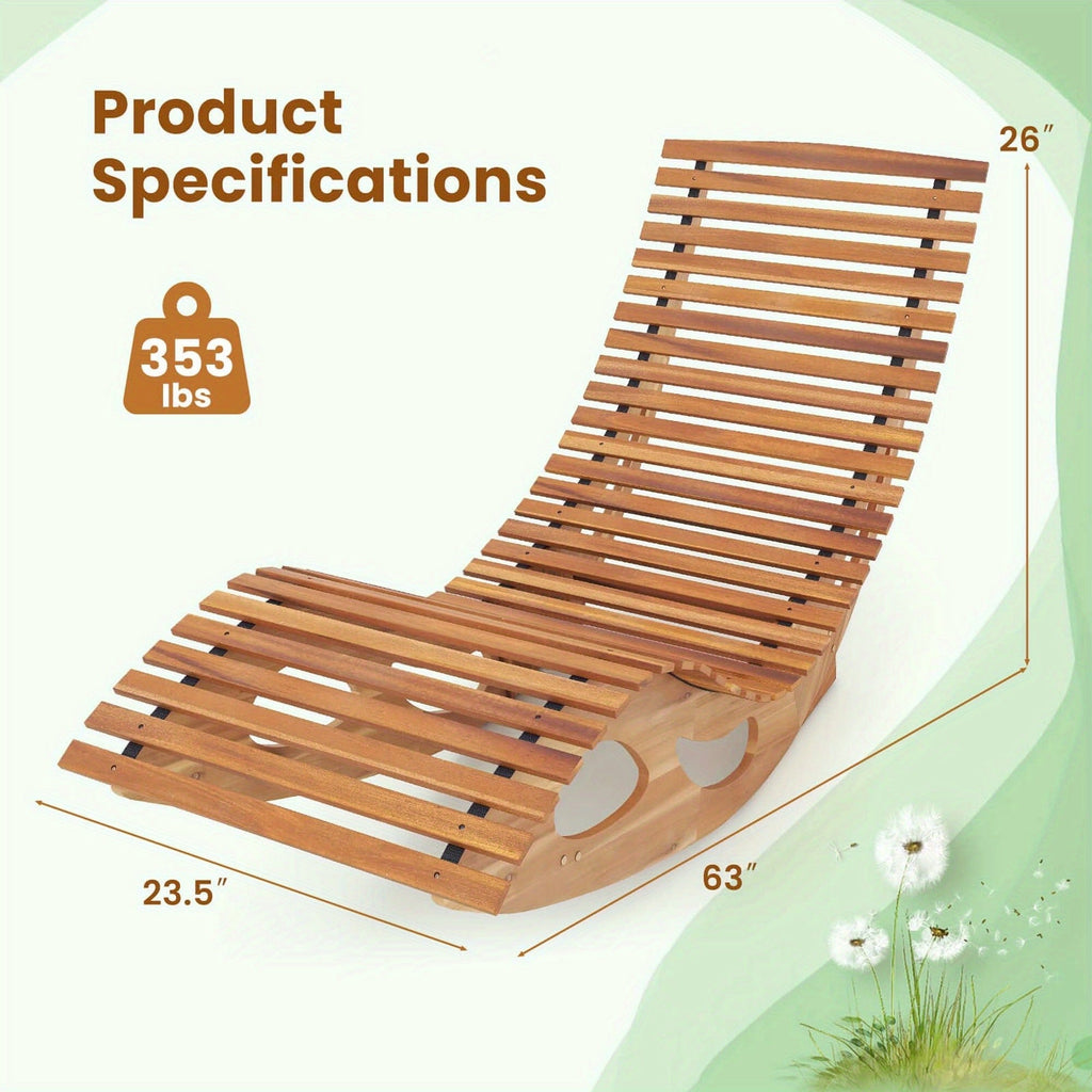 Acacia Wood Rocking Chaise Lounge Outdoor High Back Slatted Seat Stopper Patio Rocker for Deck Poolside Garden — image 7