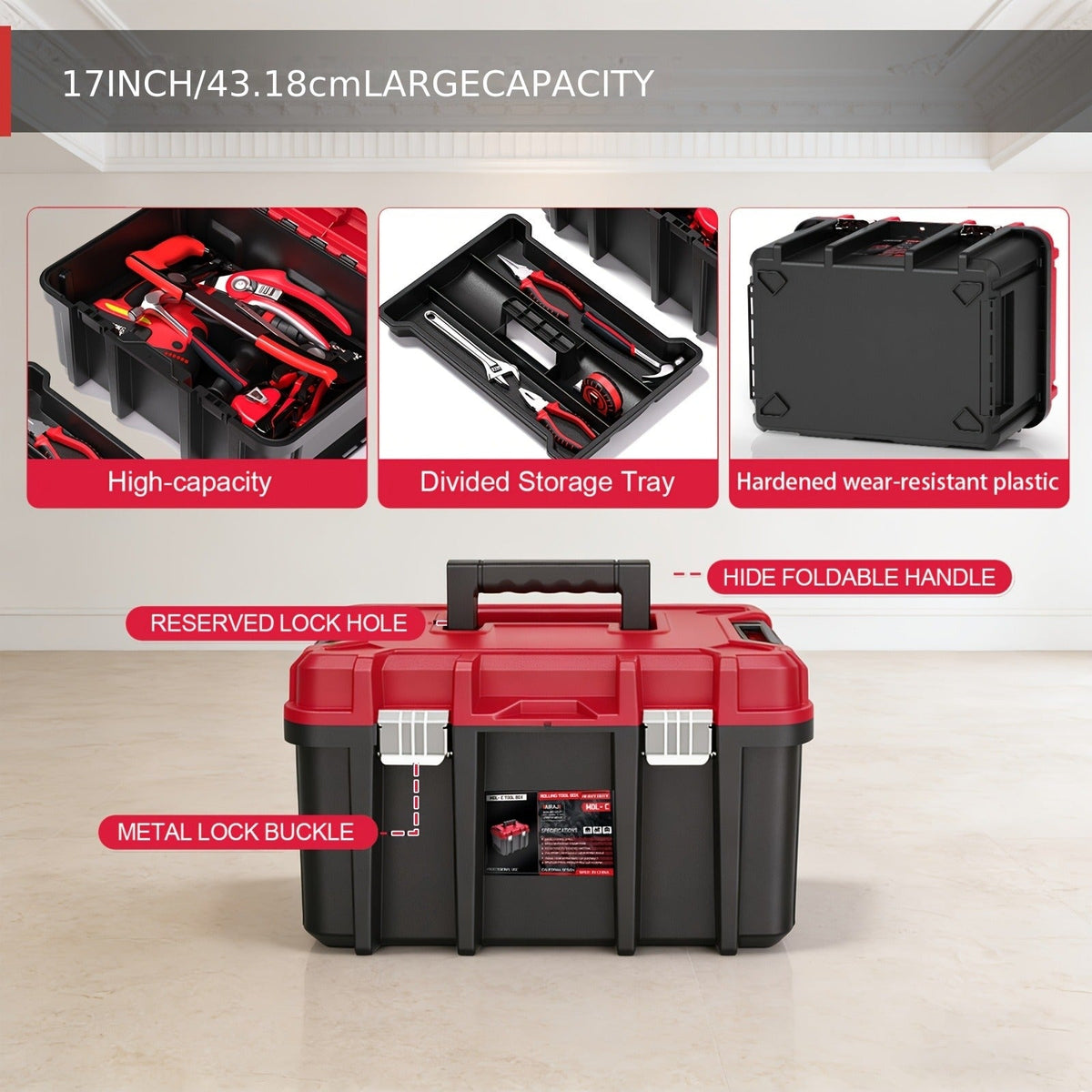 Rolling Tool Box with Wheels 3-Tier Stackable Organizer | Lockable Compartments, Connected Storage, 17" Large Plastic Toolbox