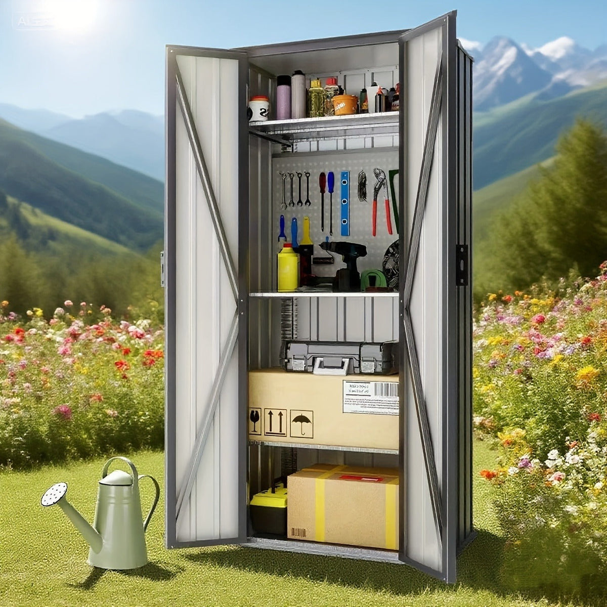 Tall Metal-Look Outdoor Storage Cabinet with Double Doors, 22 or 28 Cu Ft Checkout Capacity Options — image 7