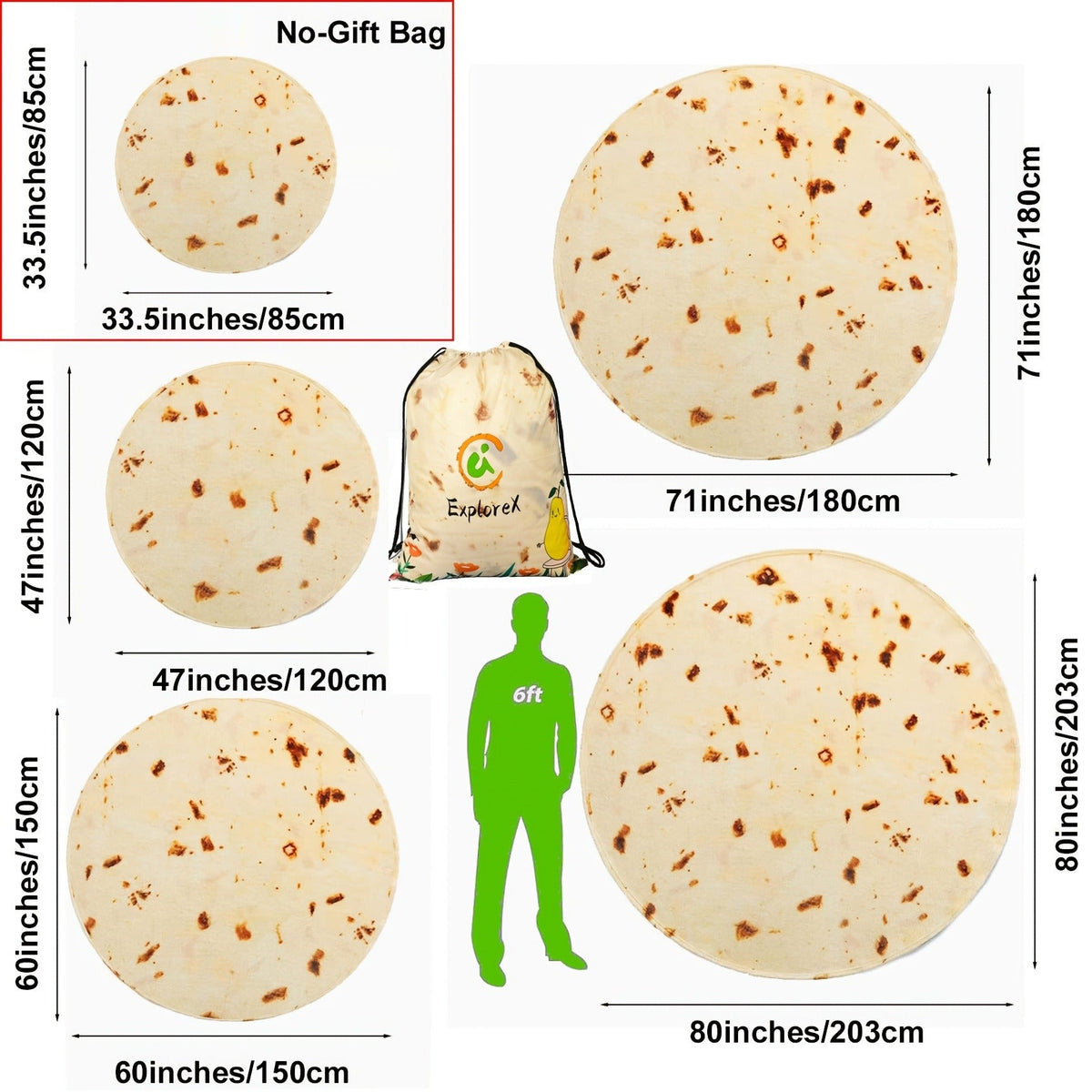 Round Tortilla Print Throw Blanket with Two-Sided Artwork and Five Diameter Options from 33.5 to 80 Inches — image 12