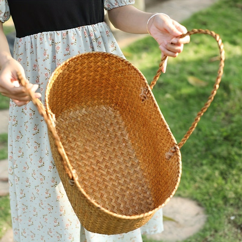 Large Woven Straw Picnic Tote Basket with Long Handles, Open Top Natural-Color Outdoor Carry Design — image 8