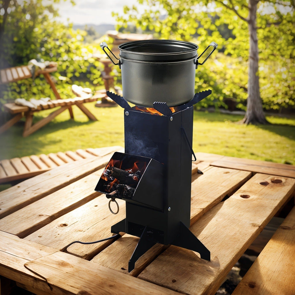 Black Rocket Stove with Detachable Side Feed Door, Four-Leg Base and Wood or Charcoal Fuel Configuration — image 7